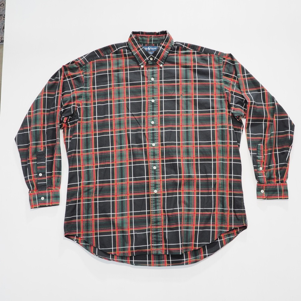 Ralph Lauren Shirt Men Extra Large Red Green Plaid Blake Cotton Button Down 80s